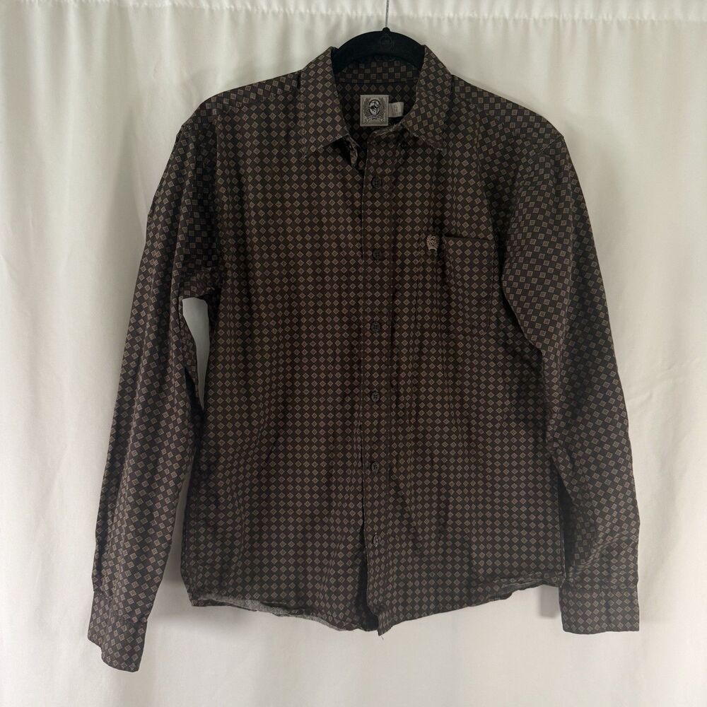 Cinch Dress Shirt Boys XL 14 Brown Diamond Print Long Sleeve Button Up Collared